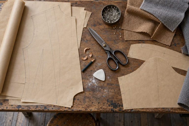 Patrones de papel kraft, tijeras de sastre, tiza y muestras de lana en la mesa de corte