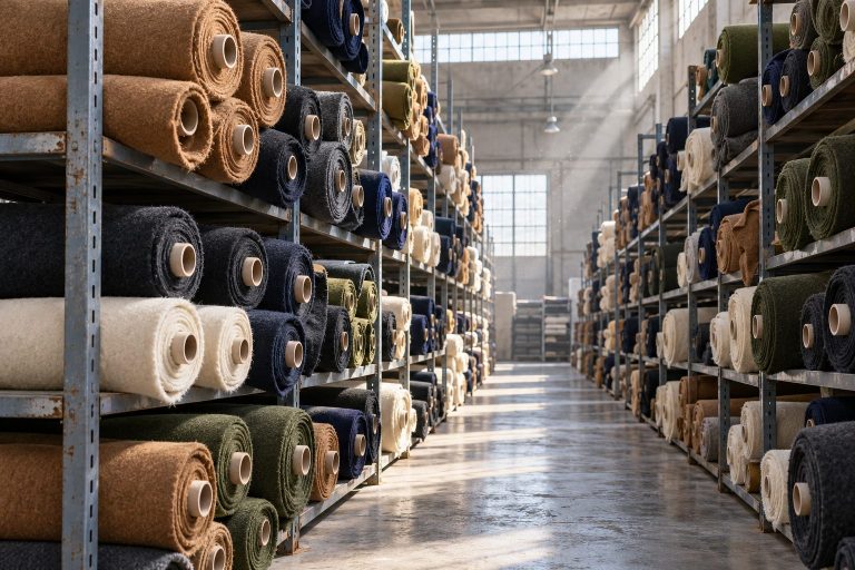 Estanterías con piezas de paño de lana en una fábrica textil del norte de Portugal