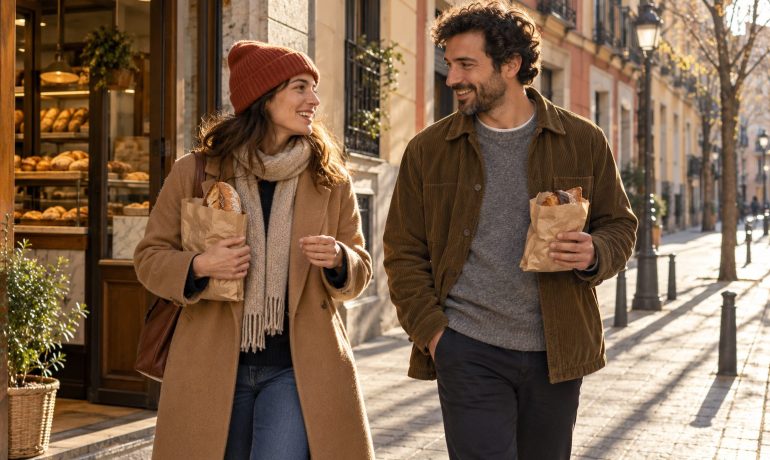 Pareja de amigos saliendo de una panadería en una calle de Madrid
