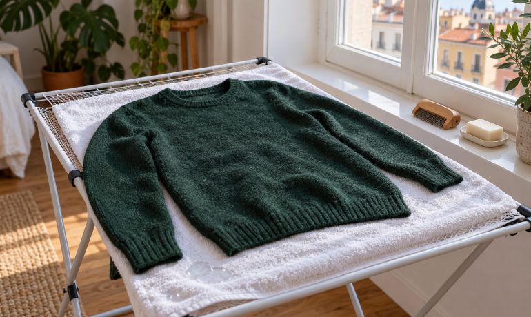 Jersey de lana verde secándose en plano sobre una toalla junto a la ventana
