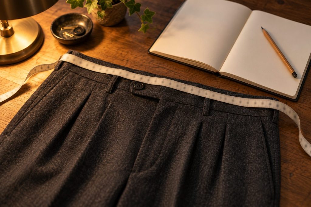 Cinta métrica sobre la cintura de un pantalón de lana junto a un cuaderno