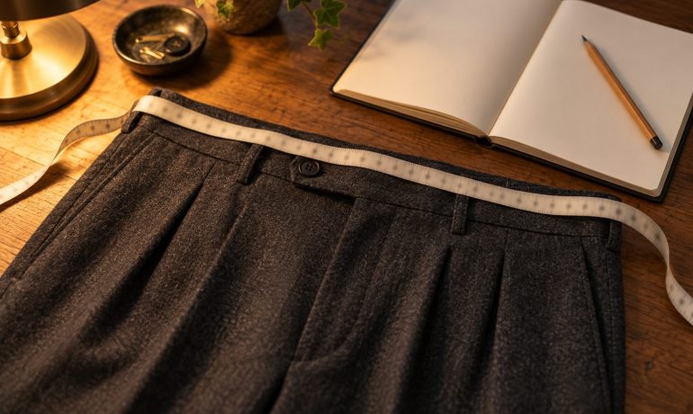 Cinta métrica sobre la cintura de un pantalón de lana junto a un cuaderno