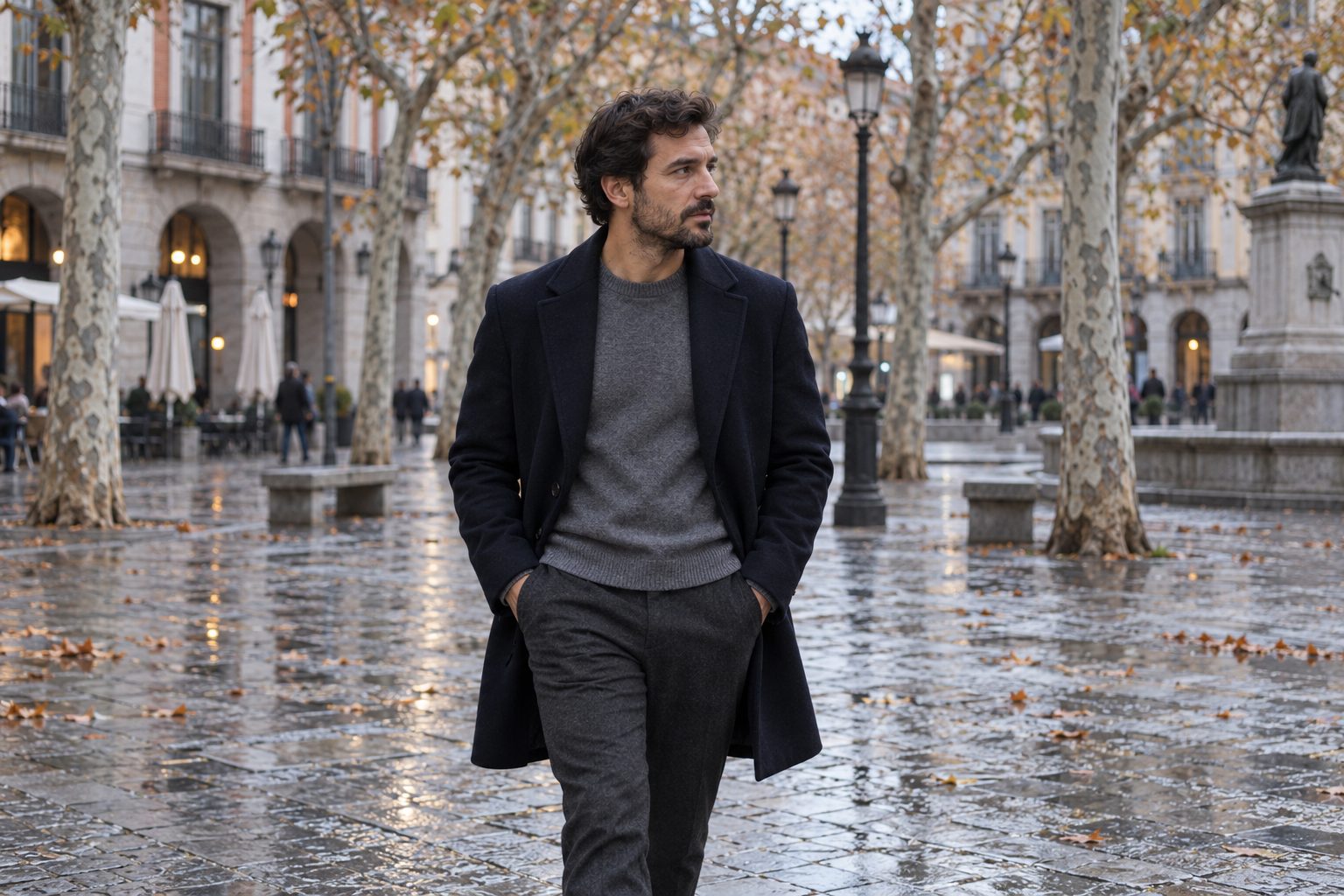 Hombre con abrigo azul marino cruzando una plaza de Madrid una mañana nublada
