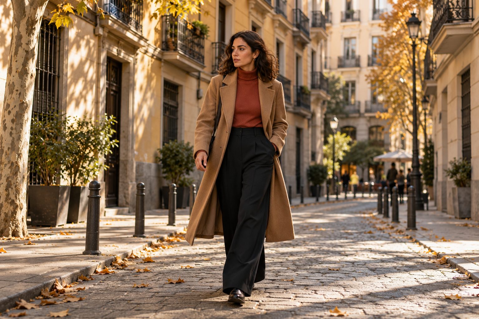 Mujer con abrigo camel caminando por una calle de Las Salesas en Madrid