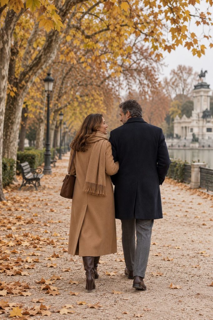 Pareja con abrigos camel y azul marino paseando por el Retiro en otoño