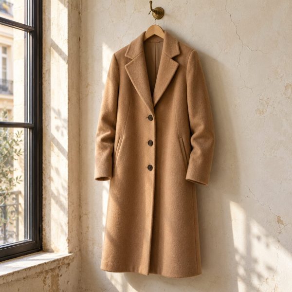 Abrigo largo de lana y cachemira color camel colgado en una percha de madera junto a una ventana