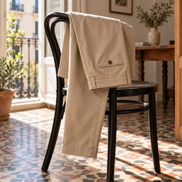 Pantalón chino beige sobre el respaldo de una silla de madera curvada