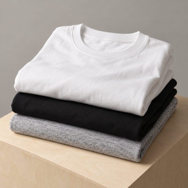 Camisetas de algodón orgánico dobladas en blanco, negro y gris jaspeado