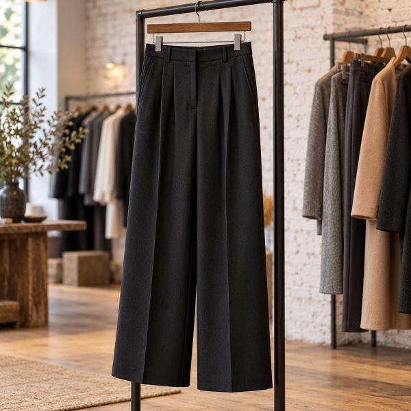 Pantalón ancho de lana fría negro colgado en un burro de la tienda