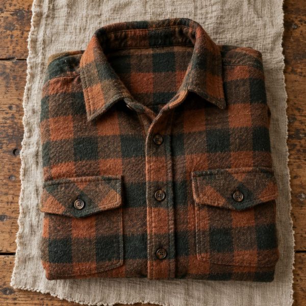 Camisa de franela a cuadros marrones y verdes doblada sobre lino
