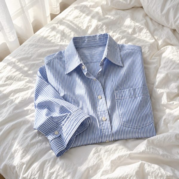 Camisa oversize de rayas azules y blancas doblada sobre una cama