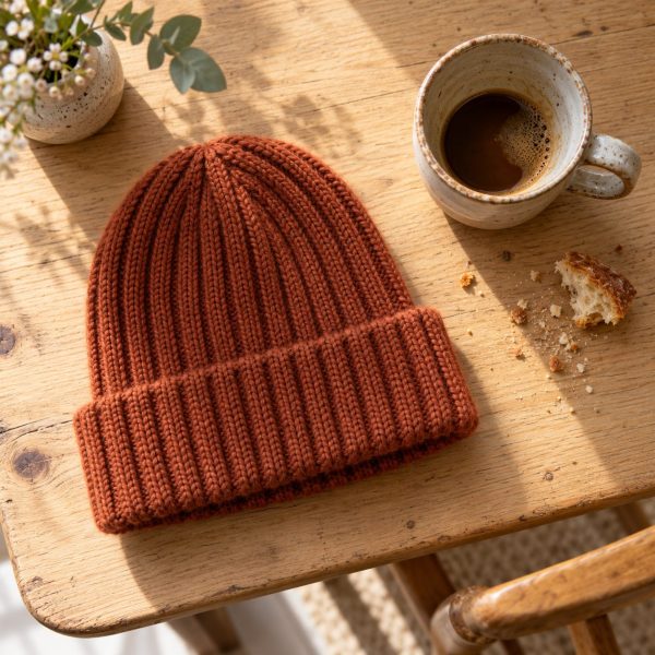 Gorro de canalé de merino color teja junto a una taza de café