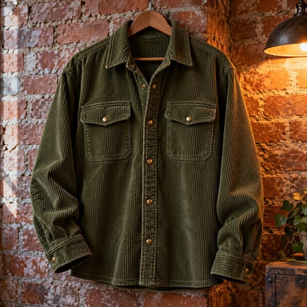 Sobrecamisa de pana verde oliva colgada sobre una pared de ladrillo