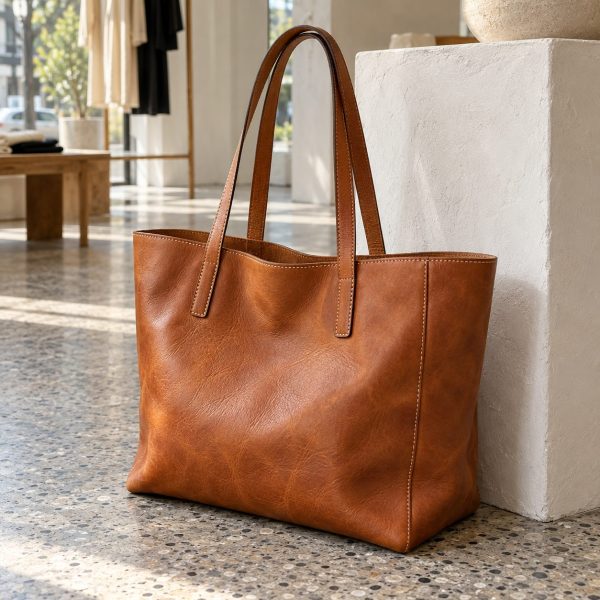 Bolso tote de piel coñac apoyado en un suelo de terrazo