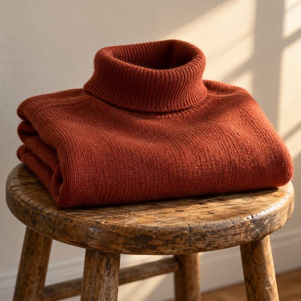 Jersey de cuello alto de merino color teja doblado sobre un taburete de madera
