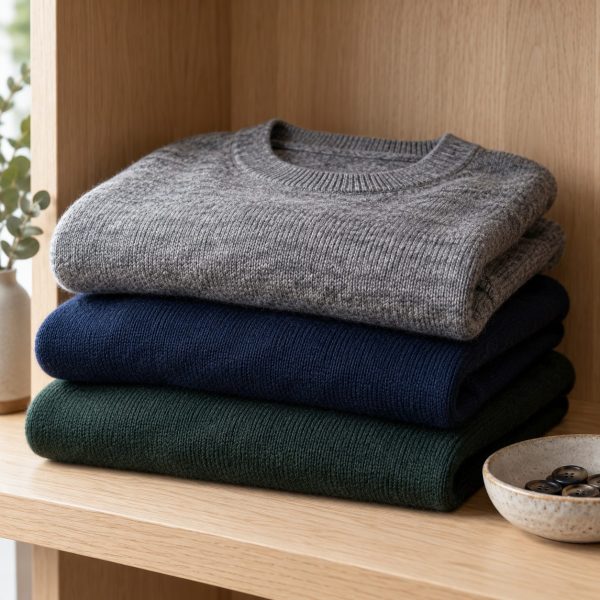 Tres jerséis de merino de cuello redondo apilados: gris, azul marino y verde botella