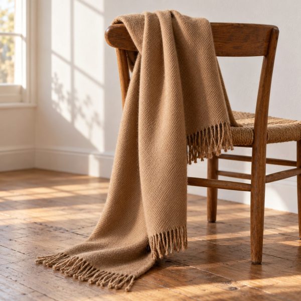 Bufanda de lana y cachemira camel con flecos sobre una silla de madera