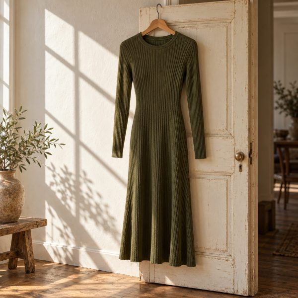 Vestido de punto canalé verde oliva colgado de una puerta blanca