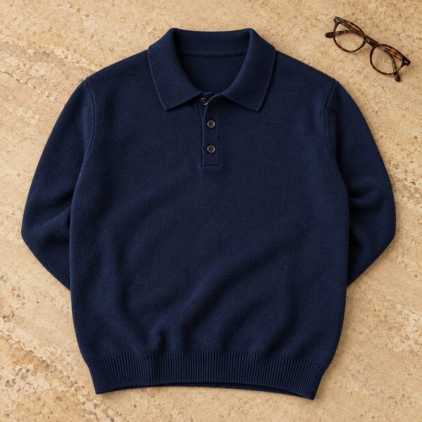 Polo de punto de manga larga azul marino extendido sobre una superficie de piedra