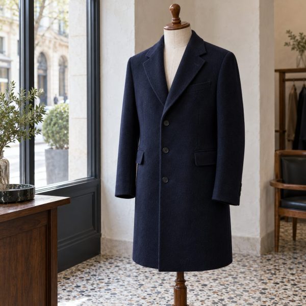Abrigo de hombre de paño azul marino en un maniquí de sastre junto al escaparate