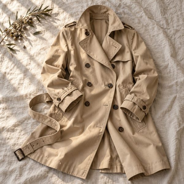 Gabardina cruzada beige extendida sobre una sábana de lino con el cinturón suelto
