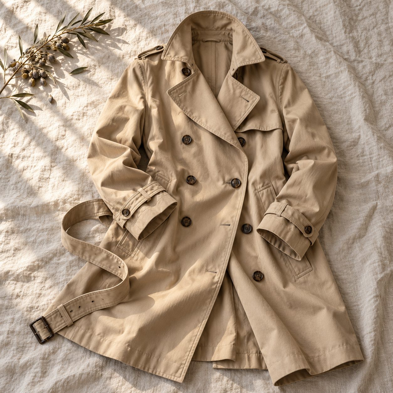 Gabardina cruzada beige extendida sobre una sábana de lino con el cinturón suelto