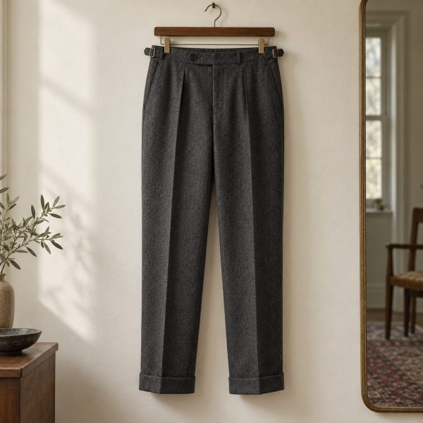 Pantalón de franela de lana gris marengo con pinza y vuelta colgado en la pared