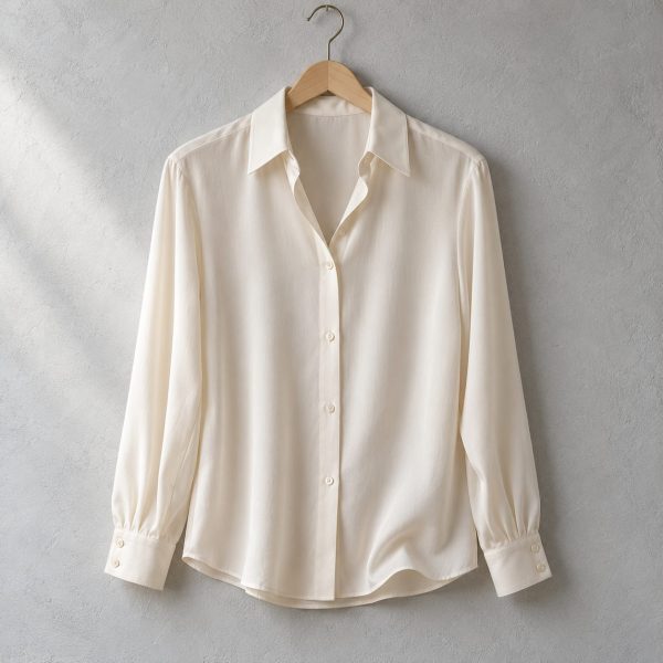 Blusa de seda lavada color marfil en una percha sobre pared gris claro