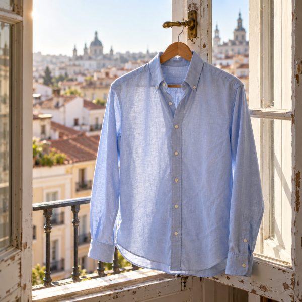 Camisa Oxford azul claro colgada en una ventana con los tejados de Madrid al fondo