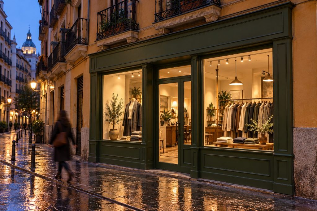 Fachada de la tienda con escaparates de madera verde oliva al anochecer