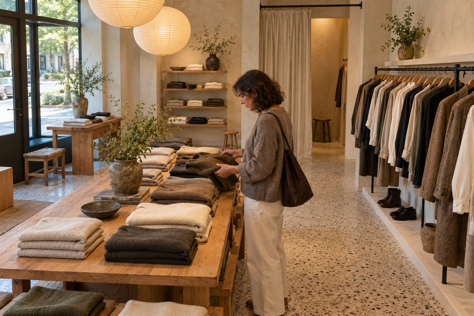 Mesas de roble con punto doblado y burros de abrigos en la tienda de Las Salesas